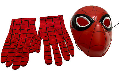 #ad Kids Spiderman Mask Marvel Comics Hard Plastic Stretchy Nylon Spidey Gloves Set $11.49