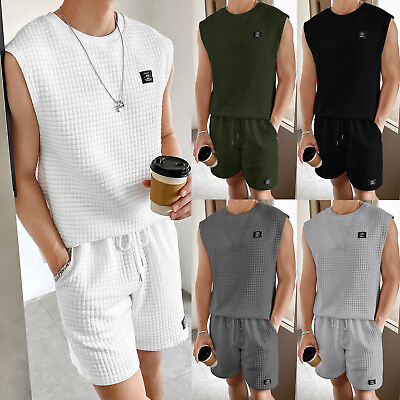 #ad Men Summer Outfit Beach Sleeveless Plaid Shirt Short Suit Shirt Pants Suit With AU $46.98