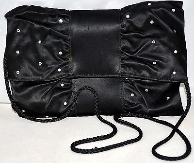 #ad La Regale Ltd Handmade Black Satin with Rhinestones Ruffled Clutch Crossbody Bag $29.99