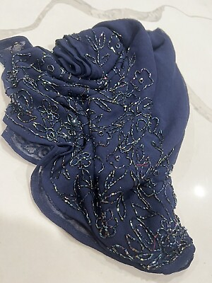 #ad Vintage Blue Chiffon Silk Beaded Long Stole Veil Scarves Sequined Chiffon Shawl $19.99