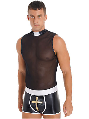#ad US Men#x27;s Priest Costume Mesh Leather Bodysuit Stretchy Singlet Wrestling Leotard $4.65