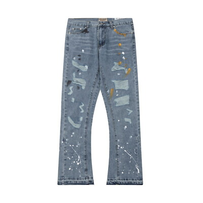 #ad Gallery Dept Men#x27;s Straight Leg Wide Jeans Paint Graffiti Ripped Jeans $113.05