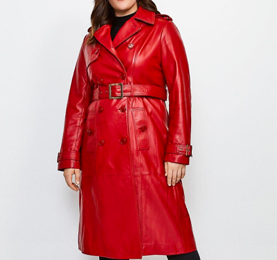 #ad Ladies Red Genuine Leather Trench Coat GBP 145.00
