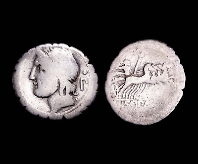 #ad Republic Denarius Roman SCIPIO ASIAGENUS. Serrate Scarce Letter 106 BC . Rome $155.00
