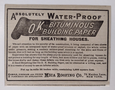 #ad 1890 O. K. Bituminous Building Paper Advertisement Mica Roofing Co. New York $24.95
