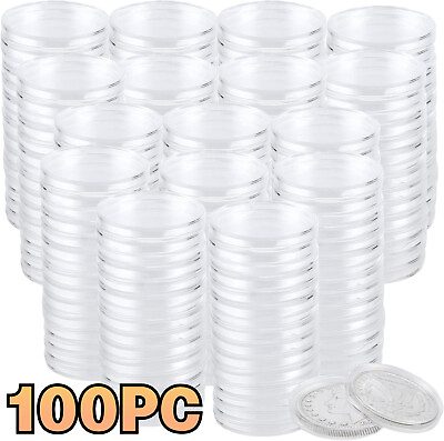 #ad 100x 46mm Clear Coin Storage Box Round Plastic Capsules Container Holder Gasket $20.98