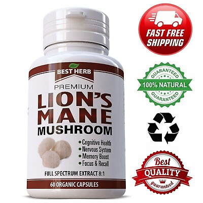 #ad Organic Lions Mane Mushroom Pure Extract Pills Cognitive Supplement 60 Capsules $12.55