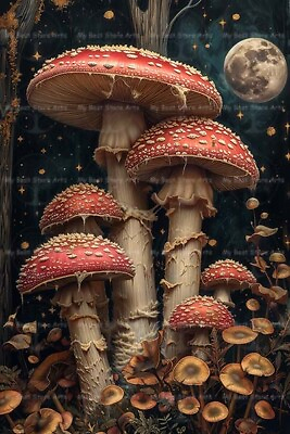 #ad RED MUSHROOM MOON ART PRINT Cottagecore Wall Decor Fairy Forest Poster D208 $7.95