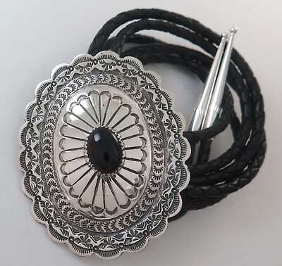 #ad Quality XL Sterling Silver amp; Black Onyx Scalloped Concho Style Bolo Tie $139.99