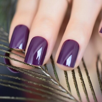 #ad 24 Short Dark Purple Stick on Press On Nails Glossy goth quick manicure gel $8.99