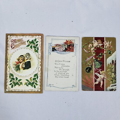#ad Antique Christmas Postcards Cherubs Merry Children Gold Tone 1900s Lot of 3 $12.95