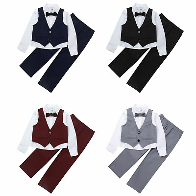 #ad Kids Boys Wedding Formal Suit Long Sleeve Shirt Pants Vest Blazer Outfit Set $22.26