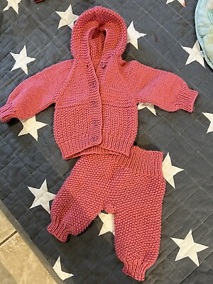 #ad New Baby girl pink outfit set handmade knit Jacket Sweater amp; Pants 3 6 Month $10.00
