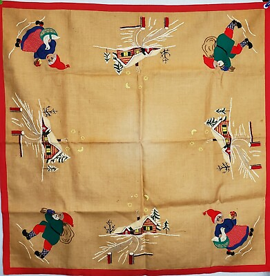 #ad Vtg Dutch Santa amp; Mrs. Claus Hand Embroidered Applique Burlap Tablecloth 4#x27;X4#x27; $76.49
