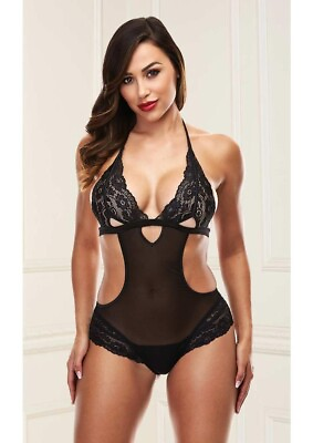 #ad New Womens Black Crotchless open Bottom Lace Halter Top Bodysuit Teddy M L $19.99