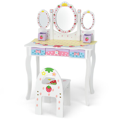 #ad Kids Vanity Princess Makeup Dressing Table Chair Set w Tri fold Mirror White $109.99