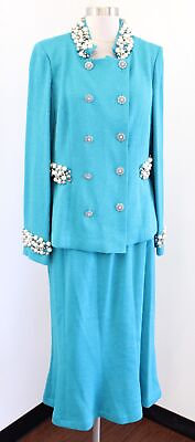 #ad Donna Vinci Teal Blue Knit Pearl Beaded Embellished Skirt Suit Set sz 12 Evening $79.99