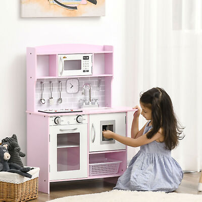 #ad Wooden Play Kitchen Kids Kitchen Playset W Water Dispenser Microwave Pink $96.08