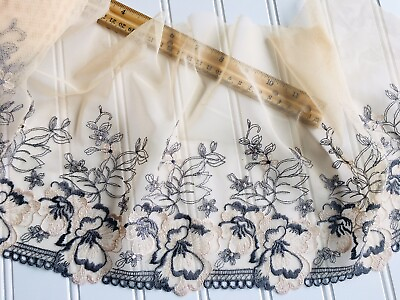 #ad Grey Floral Embroidered Lace Trim with Light Beige Tulle Sewing Crafts 10quot; Wide $9.55