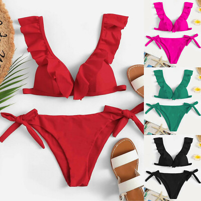 #ad Women Push Up Padded Bikini Set Ruffle Strappy Bathing Suit Swimsuit Beachwear $17.09
