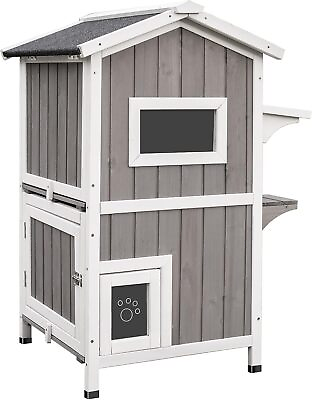 #ad Outdoor Cat House Two Story Wood Cat Shelter w Weatherproof Roof amp; Escape Door $99.99