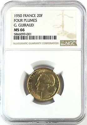 #ad 1950 Four Plumes France 20 Francs G. Guiraud Gem UNC NGC MS66 Pop 1 none higher $99.00