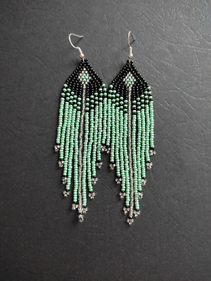#ad Feather Seed bead Earring Dangle beaded earrings Green Handwoven jewelry beaded $27.00
