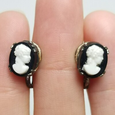 #ad Vintage White and Black Cameo Clip On Earrings Sterling Silver Screw Backs $24.00