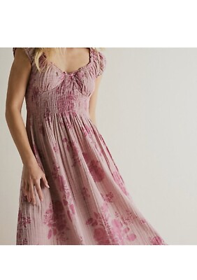 #ad Free People Forget Me Not Floral Smocked Distressed Vintage Midi Dress L $120.00