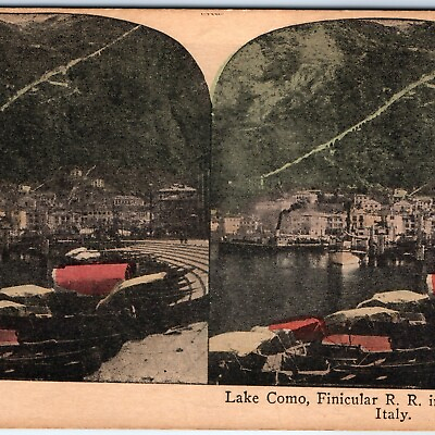 #ad c1900s Como Italy Lake Como Funicular Railway Steam Litho Photo Stereo Card V11 $8.25