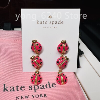 #ad NWT Kate ks Spade Pink Enamel Glaze Inlaid Zircon Ladybug Linear Earrings Gold $21.99