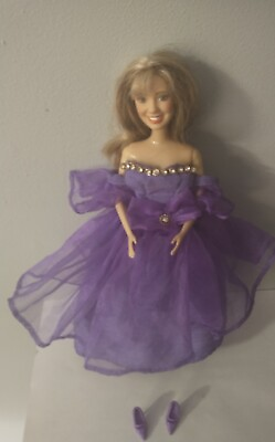 #ad Vintage Barbie Dress Purple Rhinestones amp; Lace Off The Shoulder Dress With Shoes $7.50