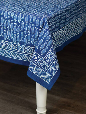 #ad Sevya Handmade Tablecloth Navy amp; Indigo School Of Fish 100% Cotton 60x90in $69.99