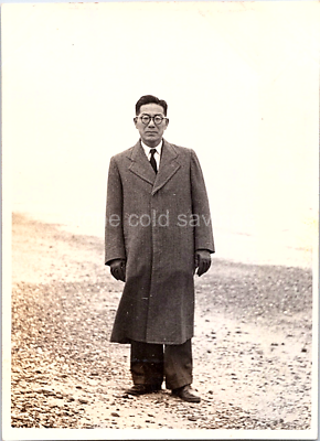 #ad Old Asian Found Photo Noble Japanese Man In Big Winter Jacket Stands On Beach $5.99