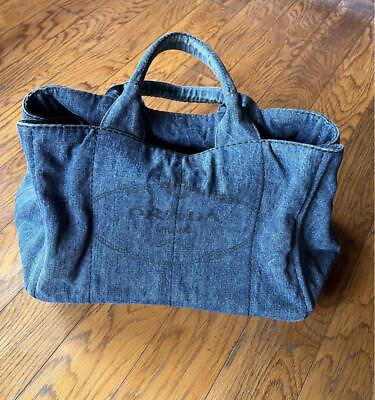 #ad PRADA Canapa Denim B1877B Tote Bag Blue Womens Authentic $389.50