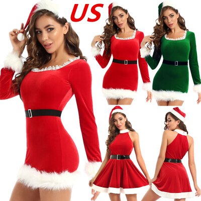 #ad US Womens Xmas Mrs Santa Claus Party Costume Christmas Fancy Dress with Hat Sets $19.70