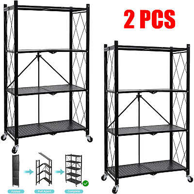 #ad 2PCS 4 Tier Heavy Duty Foldable Metal Rack With Wheel Storage Shelving Unit Home $176.99