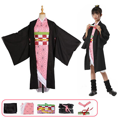 #ad Demom Slayer Nezuko Kids Girls Costume Kimetsu No Yaiba Cosplay Outfit Set $35.99