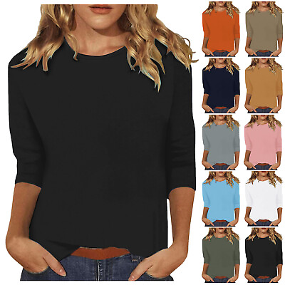 #ad 3 4 Length Sleeve Womens Tops Casual Loose Fit Crewneck T Shirts Cute Solid $13.52