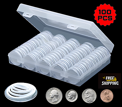 #ad 100 PCS 30MM Clear Round Coin Capsules Plastic Coin Holders amp;White Gaskets amp;Box $9.48