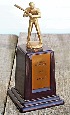 #ad 1968 BASEBALL trophy with Solid Metal Topper Brass Look Base Resin Top Metal MC $92.95