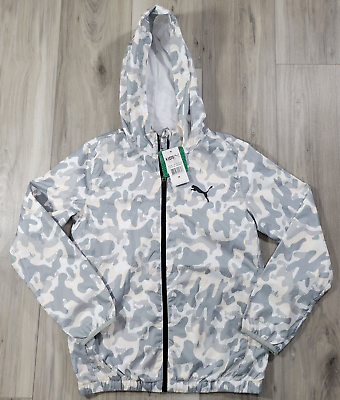 #ad Puma Rain Jacket Kids Medium 10 12 Gray White Windbreaker Full Zip Hoodie New $24.88