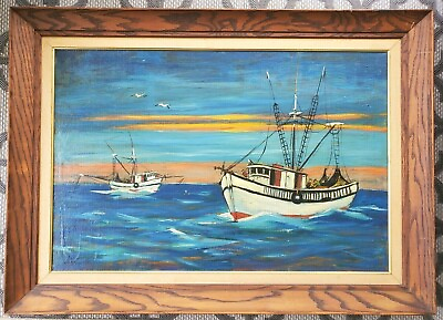 #ad CHARLES STEPULE Original Oil Painting Fishing Boats Gloucester MA Seascape $199.99