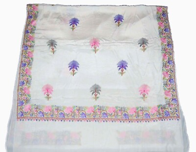 #ad Kashmir Ethnic Embroidered Crepe Silk Saree Sari Multicolor on White $349.00