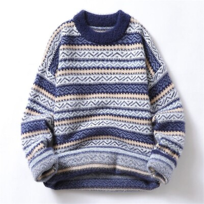 #ad Men Boy Ethnic Stripe Faux Mohair Fur Sweater Fluffy Jumper Pullover Warm Tops $54.53