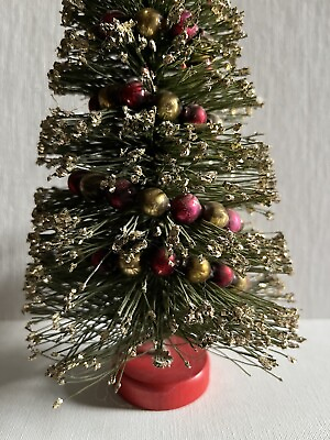 #ad Vintage St. Nick Bottle Brush Christmas Tree Gold Flocked Glass Bead Garland 10” $99.99