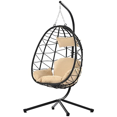 #ad Foldable Swing Patio Egg Chair With Stand Cushion and Pillow $260.00