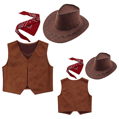 #ad Kids Cowboy Wild West Costume Fancy Dress Western Vest Felt Hat with Bandanna $15.80