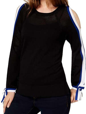 #ad allbrand365 designer Womens Striped Sleeve Cold Shoulder TopBlackMedium $79.50