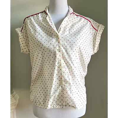 #ad Vintage Women’s Blouse Ivory Red Strawberries Print Button Front Summer $23.39